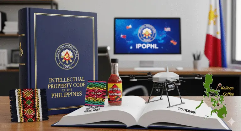 Conceptual image for a blog post on Philippine Intellectual Property law. It features the 'Intellectual Property Code of the Philippines' book alongside visual representations of patents (drone), copyrights (traditional Filipino woven textile), trademarks (branded product), and geographical indications (Kalinga Coffee map), with the IPOPHL logo and Philippine flag in the background.