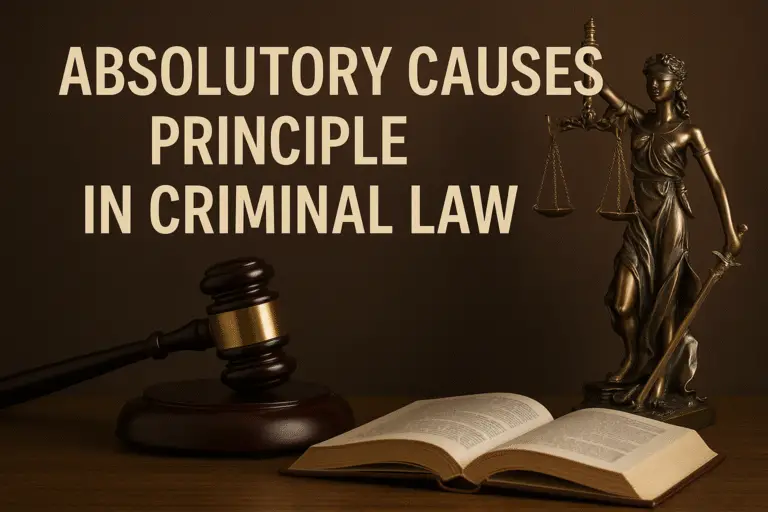 A wooden gavel, an open law book, and a bronze Lady Justice statue with scales, set against a dark brown background. The text “Absolutory Causes Principle in Criminal Law” is displayed prominently above the objects.