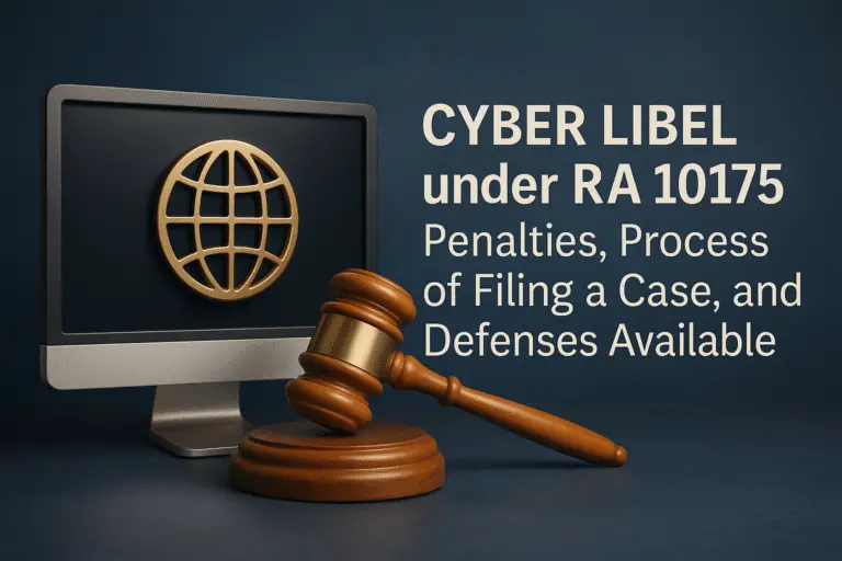 3D hyper-realistic image of a computer monitor with a golden globe icon and a wooden gavel, symbolizing cyber libel under RA 10175, highlighting penalties, filing process, and legal defenses.