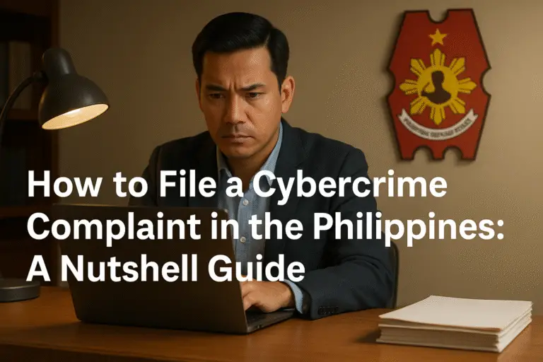 A hyper-realistic image of a serious Filipino man in a suit working on a laptop at a wooden desk, with official government insignia in the background and documents beside him, symbolizing the process of filing a cybercrime complaint in the Philippines.