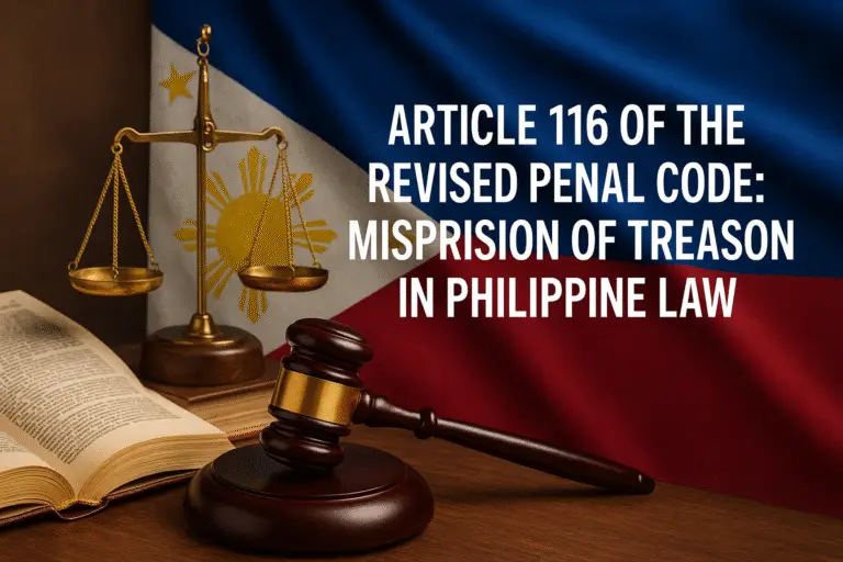 Hyper-realistic image of a gavel, open law book, and scales of justice placed on a wooden desk with the Philippine flag in the background. Overlaid text reads: “Article 116 of the Revised Penal Code: Misprision of Treason in Philippine Law.”