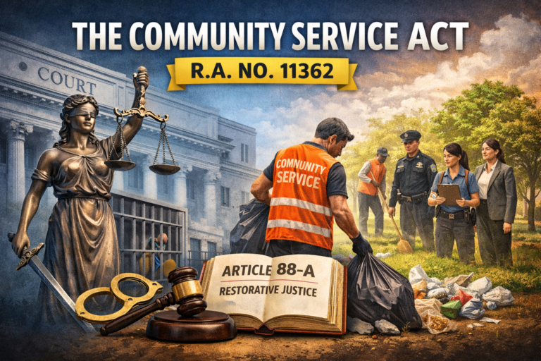 Illustration depicting the Community Service Act (R.A. No. 11362), showing Lady Justice and a courthouse on one side, and individuals performing supervised community service like cleaning a public area on the other, symbolizing restorative justice as an alternative to imprisonment.